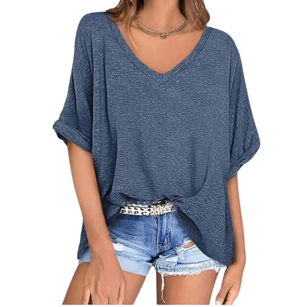 NWT UEU Womens Oversized Blue V Neck Casual Shirts Short Sleeve, 2XL